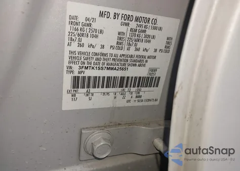 2021 Ford Mustang Mach-E Select z USA, uszkodzony, nr VIN 3FMTK1SS7MMA25651